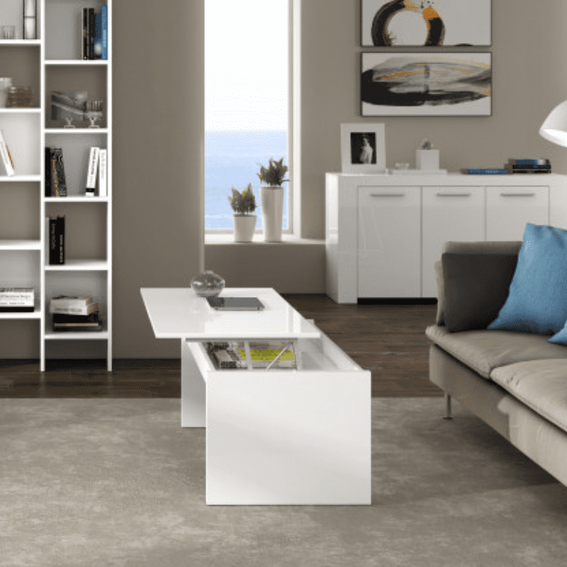 Table Basse Relevable Blanche 120x50 Cm - Avec LED Bluetooth, 2 Tiroirs, Plateau Réglable Hydraulique